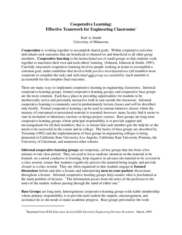 (PDF) Cooperative learning: Effective teamwork for engineering classrooms