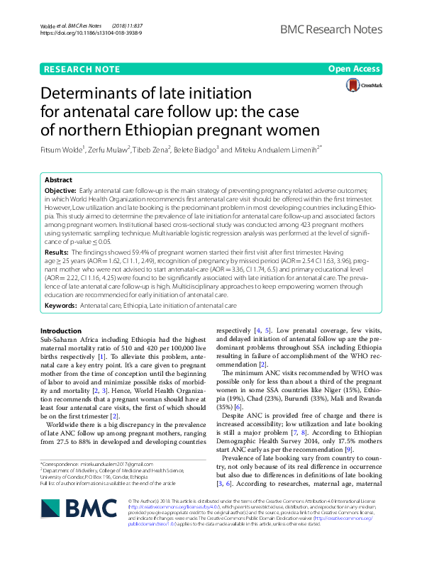(PDF) Determinants of late initiation for antenatal care follow up: the ...