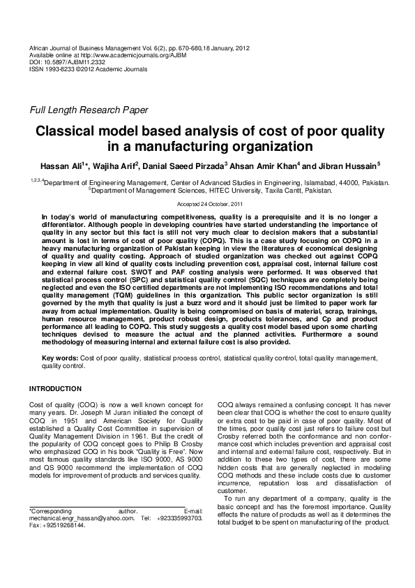 (PDF) Classical model based analysis of cost of poor quality in a ...
