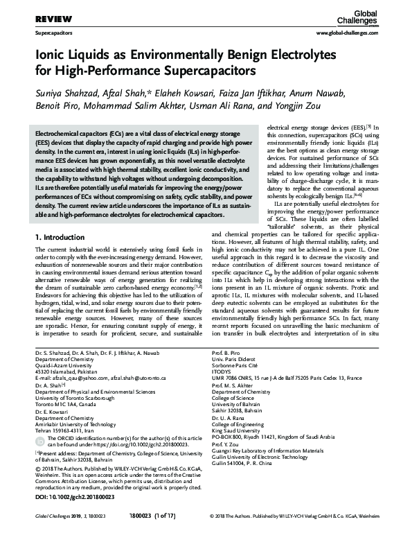 (PDF) Ionic Liquids as Environmentally Benign Electrolytes for High ...
