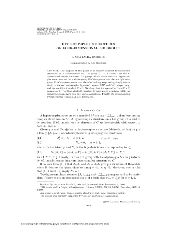 (PDF) Hypercomplex structures on four-dimensional Lie groups