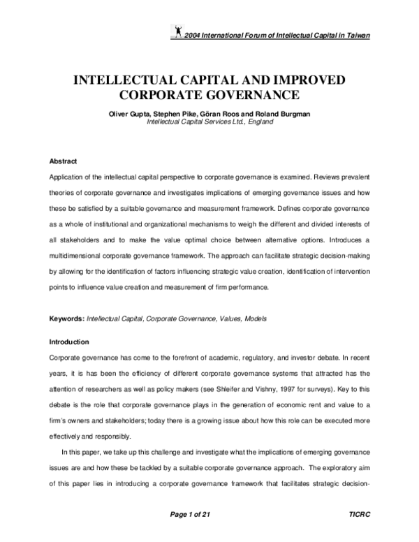 (PDF) Intellectual Capital and Improved Corporate Governance
