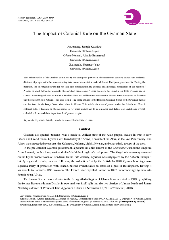 (PDF) The Impact of Colonial Rule on the Gyaman State