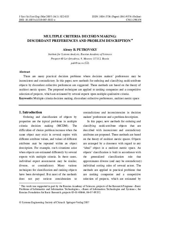 (PDF) Multiple criteria decision making: Discordant preferences and ...