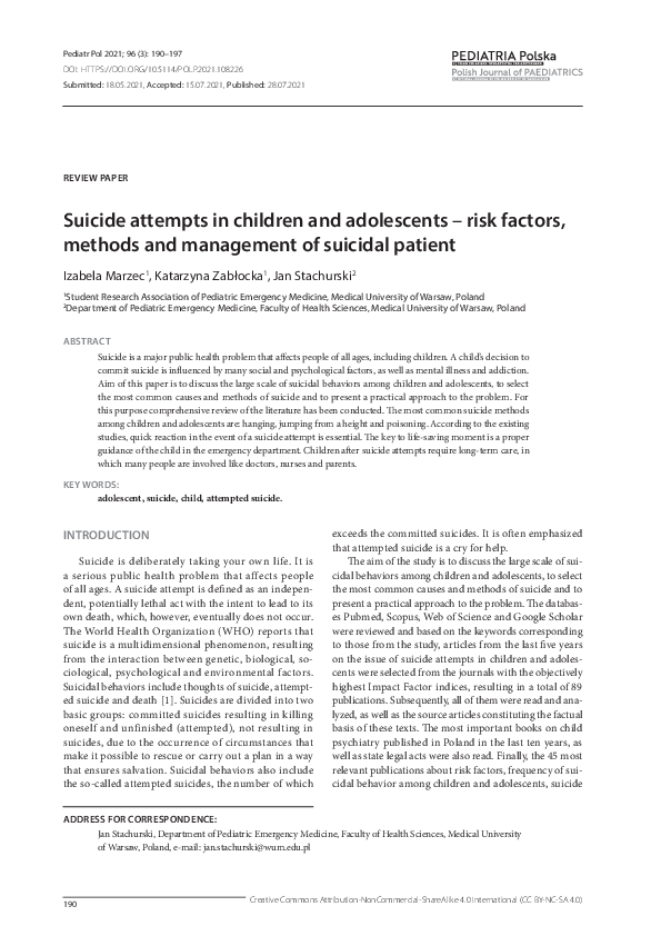 (PDF) Suicide attempts in children and adolescents -risk factors ...