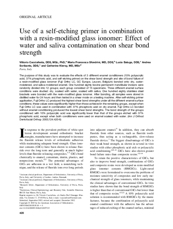 (PDF) Use of a selfetching primer in combination with a resinmodified