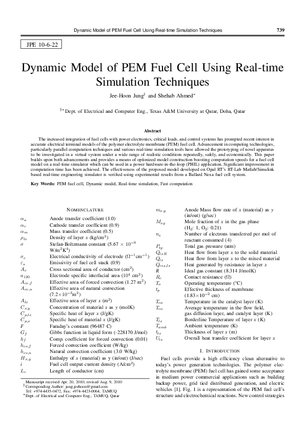 (PDF) Dynamic Model of PEM Fuel Cell Using Real-time Simulation Techniques