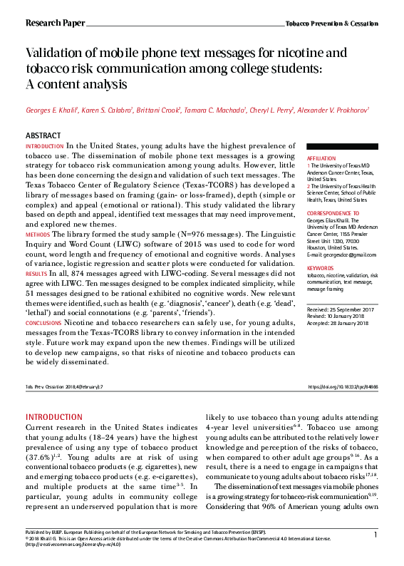 (PDF) Validation of mobile phone text messages for nicotine and tobacco ...