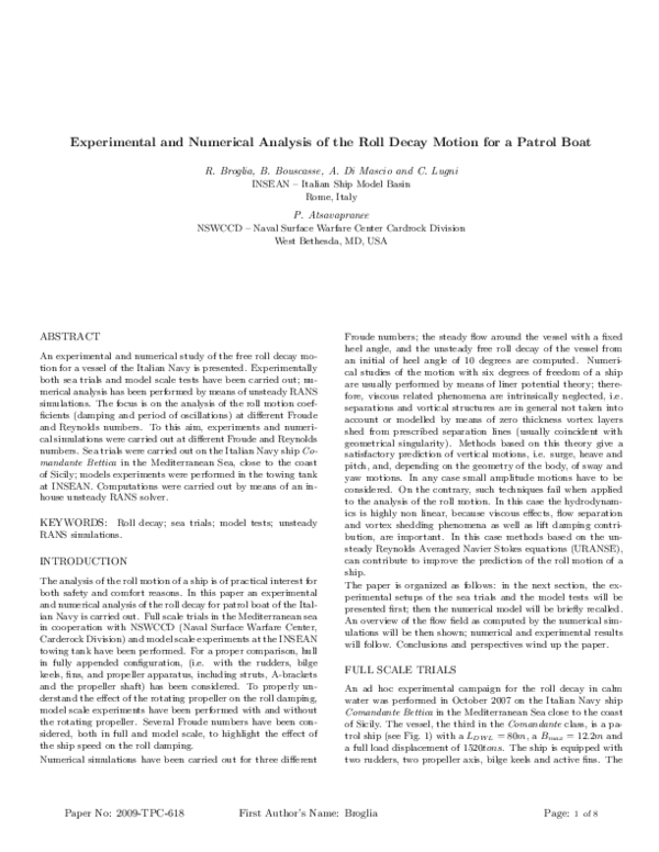 (PDF) Experimental and numerical analysis of the roll decay motion for ...