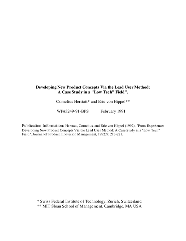 (PDF) Developing new product concepts via the lead user method: a case ...