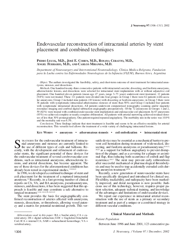 (PDF) Endovascular reconstruction of intracranial arteries by stent ...
