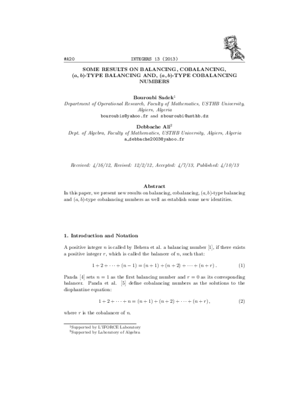 (PDF) Some results on balancing, cobalancing,(a,b)-type balancing, and ...
