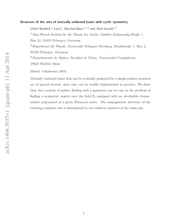 (PDF) Structure of the sets of mutually unbiased bases with cyclic symmetry