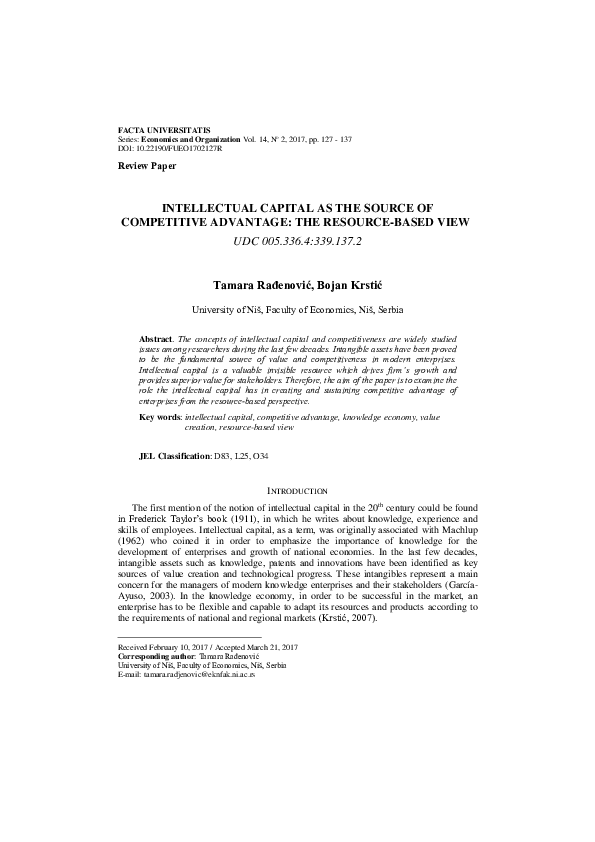 (PDF) Intellectual Capital as the Source of Competitive Advantage: The ...