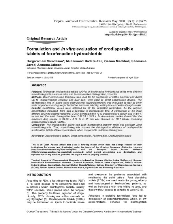 (PDF) Formulation and in vitro evaluation of orodispersible tablets of ...