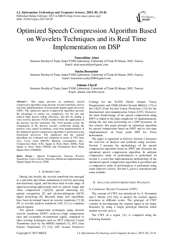 (PDF) Optimized Speech Compression Algorithm Based on Wavelets ...