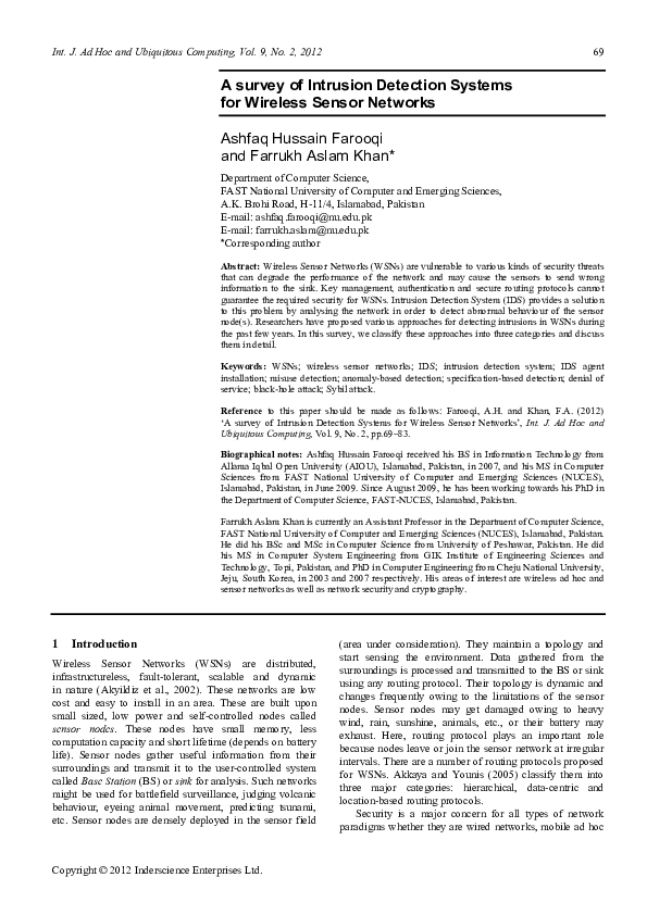 (PDF) Intrusion detection systems for wireless sensor networks: A survey