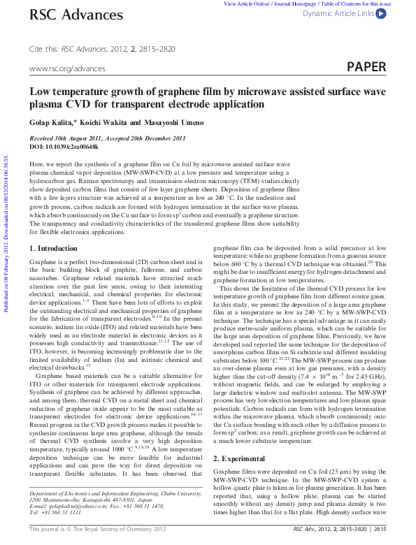 (PDF) Low temperature growth of graphene film by microwave assisted ...
