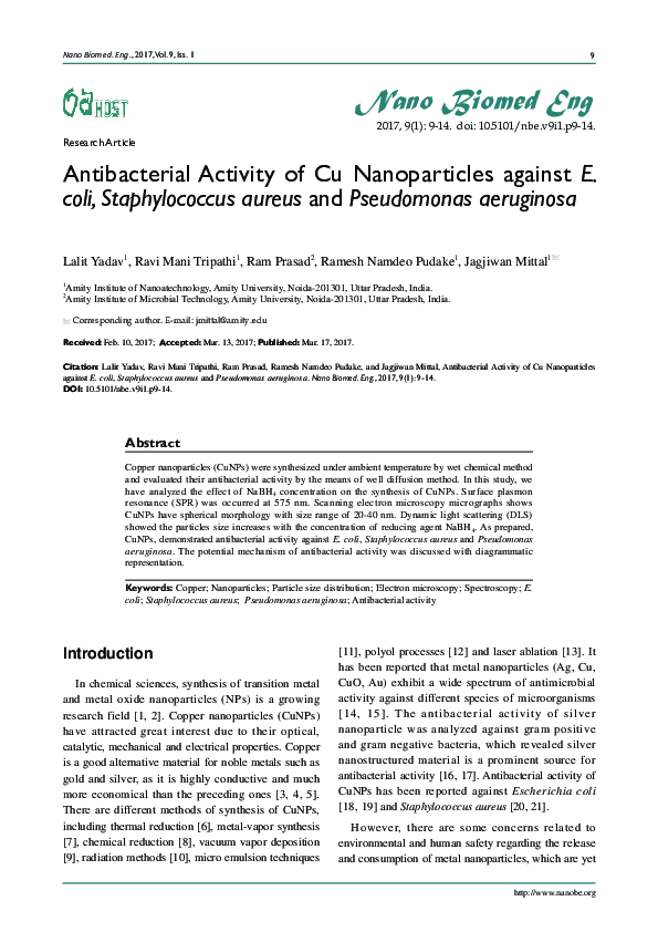 (PDF) Antibacterial Activity of Cu Nanoparticles against E. coli ...