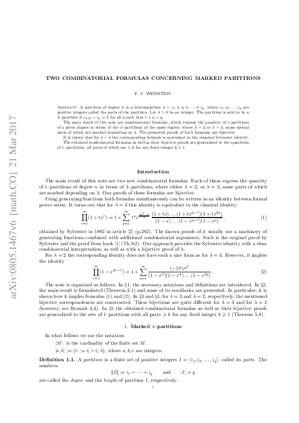 (PDF) One identity for integer partitions and its bijective proofs
