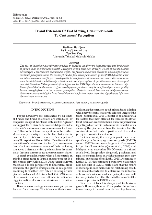 (PDF) Brand Extension of Fast Moving Consumer Goods to Customers ...