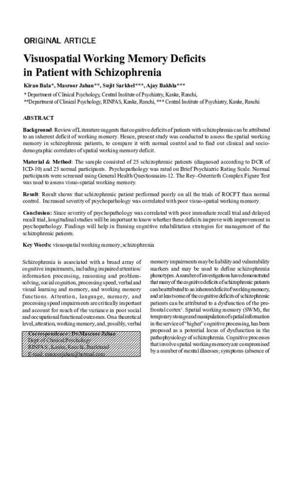 (PDF) Visuospatial Working Memory Deficits in Patient with Schizophrenia