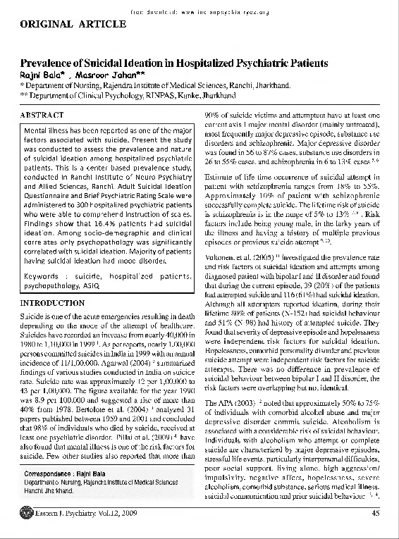 (PDF) Prevalence of Suicidal Ideation in Hospitalized Psychiatric Patients