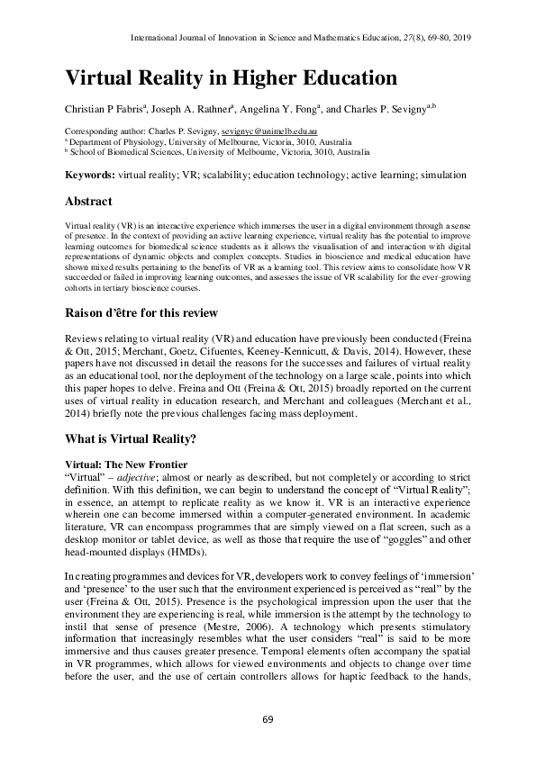 (PDF) Virtual Reality in Higher Education