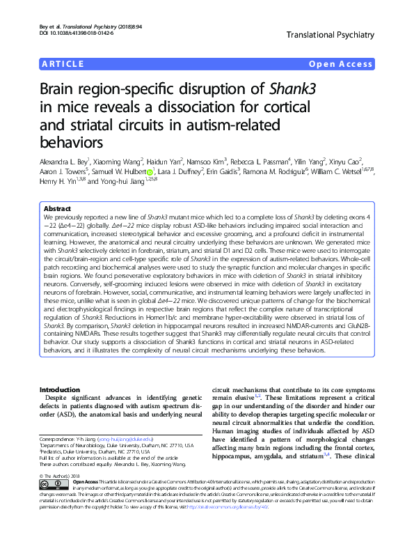 (PDF) Brain region-specific disruption of Shank3 in mice reveals a ...