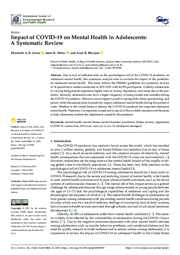 (PDF) Impact of COVID-19 on Mental Health in Adolescents: A Systematic ...