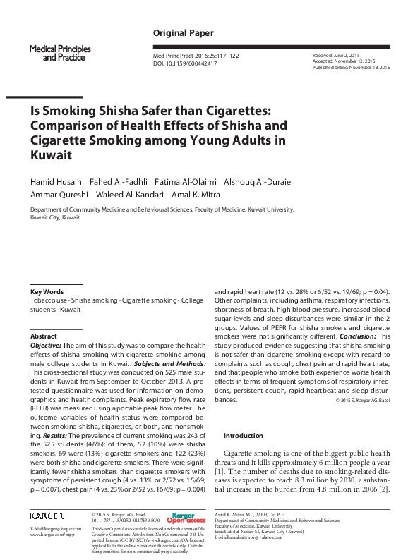 (PDF) Is Smoking Shisha Safer than Cigarettes Comparison of Health