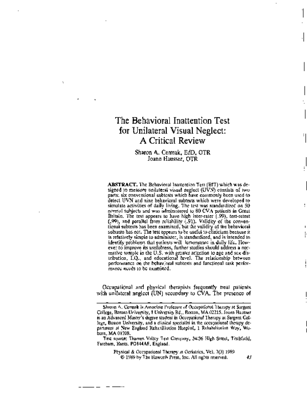 (PDF) The Behavioral Inattention Test for Unilateral Visual Neglect
