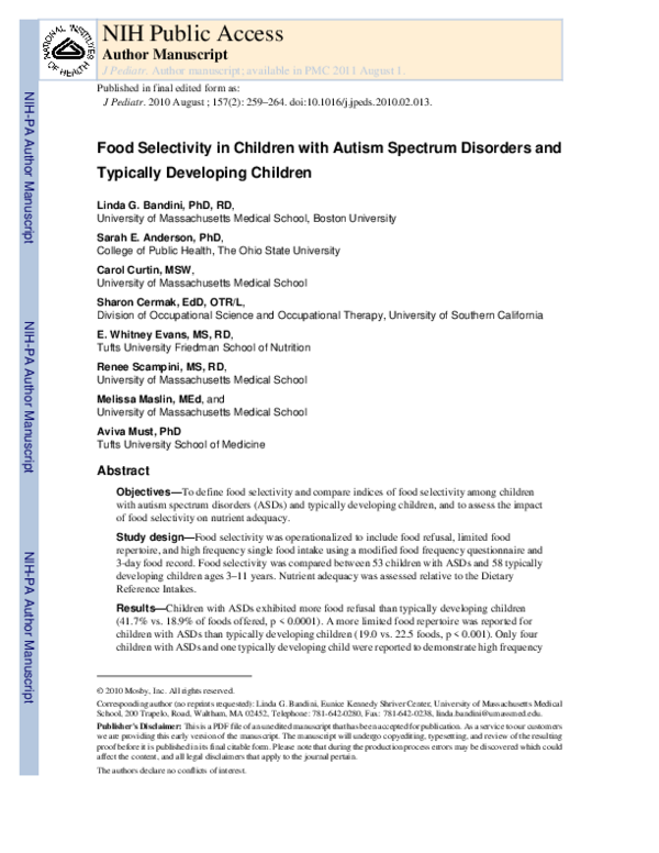 (PDF) Food Selectivity in Children with Autism Spectrum Disorders and ...