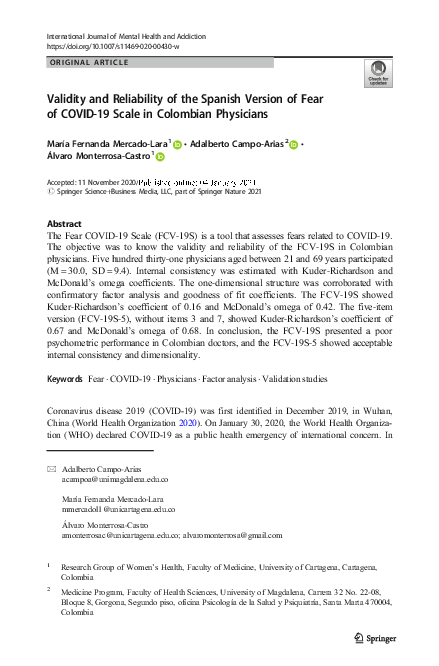(PDF) Validity and Reliability of the Spanish Version of Fear of COVID ...