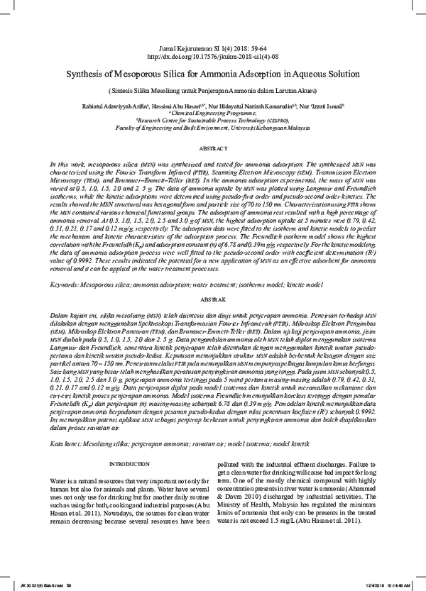 (PDF) Synthesis of Mesoporous Silica for Ammonia Adsorption in Aqueous ...
