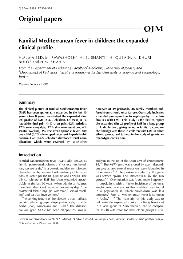 (PDF) Familial Mediterranean fever in children: the expanded clinical ...
