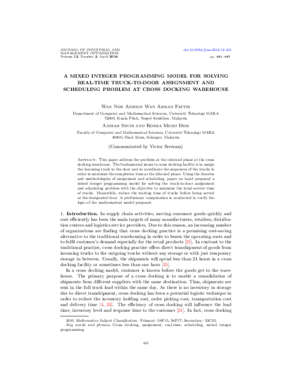 (PDF) A mixed integer programming model for solving real-time truck-to ...
