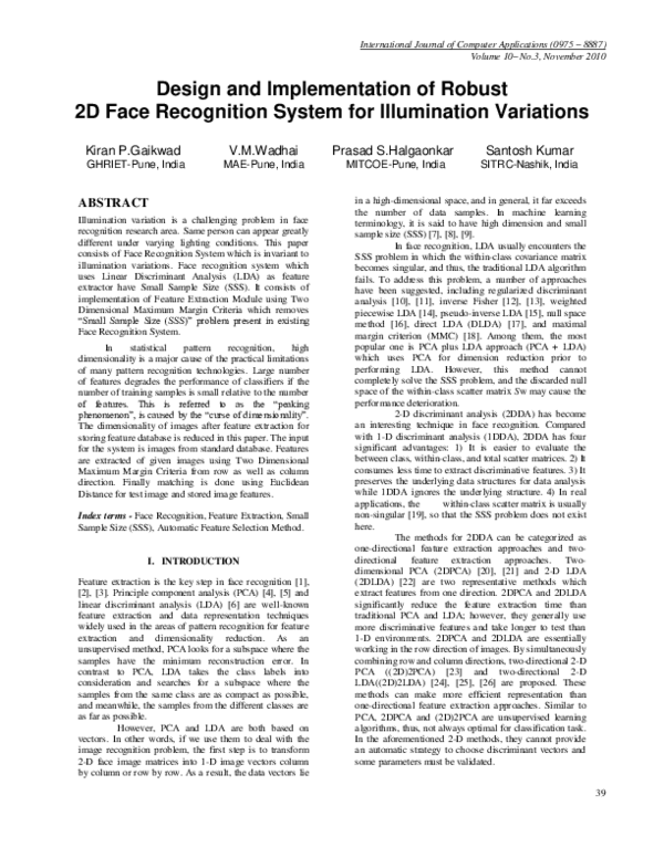 (PDF) Design and Implementation of Robust 2D Face Recognition System ...