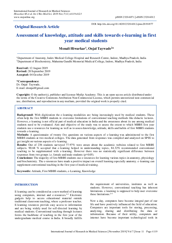 (PDF) Assessment of knowledge, attitude and skills towards e-learning ...