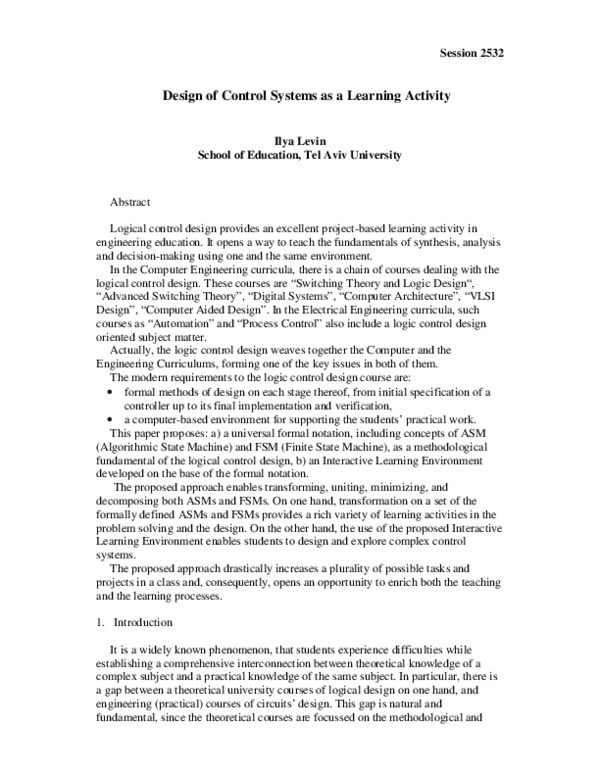 (PDF) Design of Control Systems as a Learning Activity