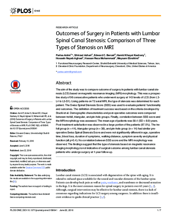 (PDF) Outcomes of Surgery in Patients with Lumbar Spinal Canal Stenosis ...