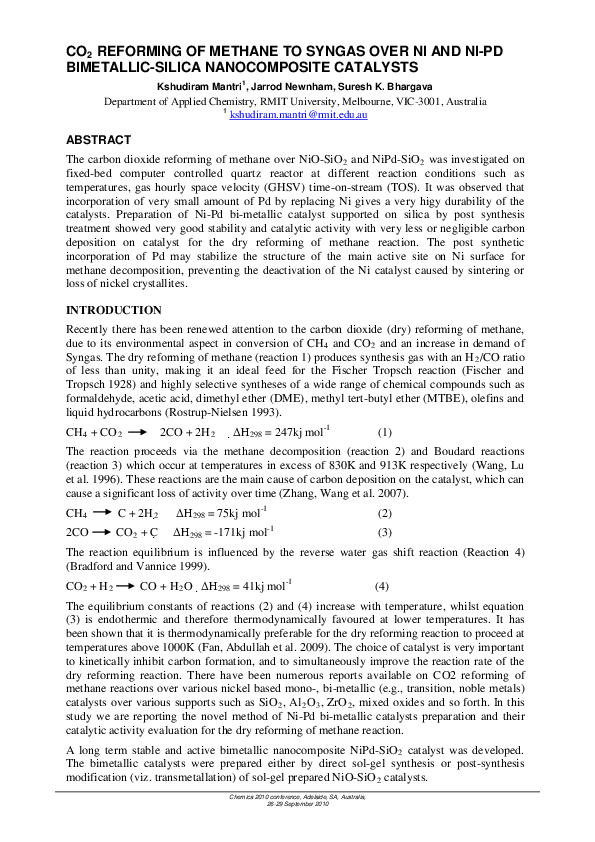 (PDF) CO2 Reforming of Methane to Syngas over Ni and Ni-Pd Bimetallic ...
