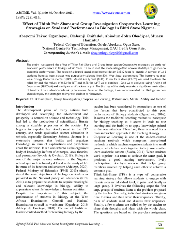 (PDF) Effect of Think Pair Share and Group Investigation Cooperative ...