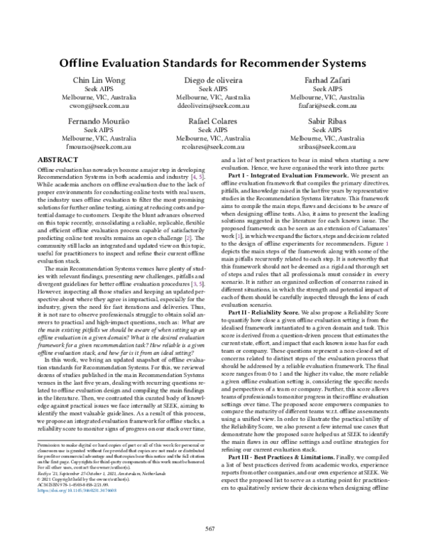 (PDF) Offline Evaluation Standards for Recommender Systems