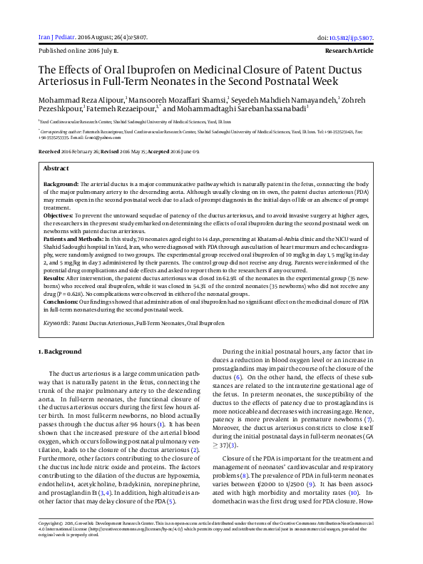 (PDF) The Effect of Oral Ibuprofen on Closure of Patent Ductus