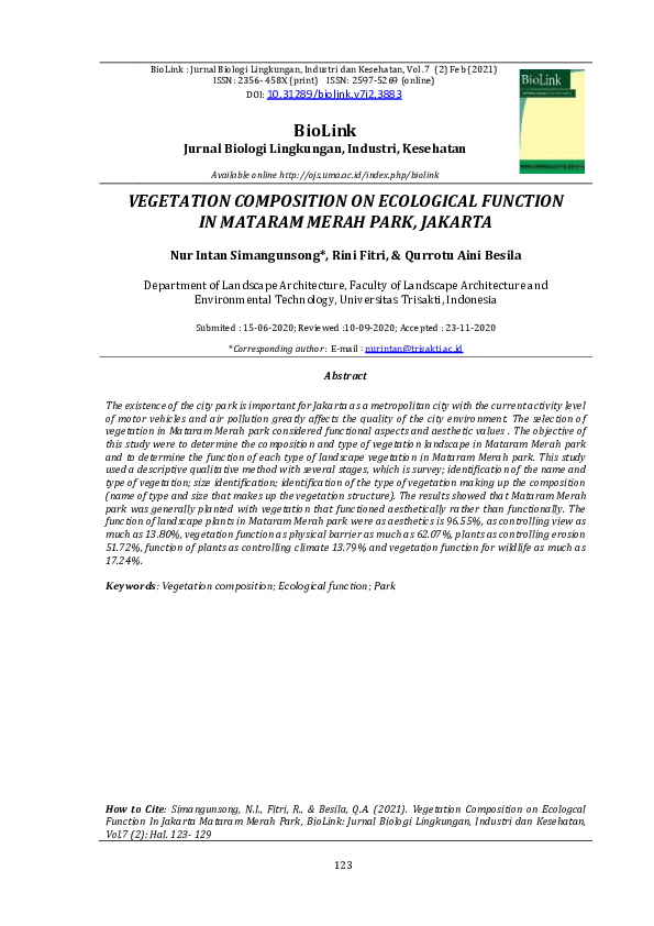 (PDF) Vegetation Composition on Ecological Function in Mataram Merah