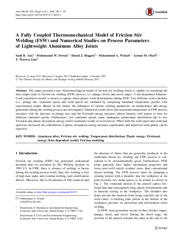 (PDF) A Fully Coupled Thermomechanical Model of Friction Stir Welding ...