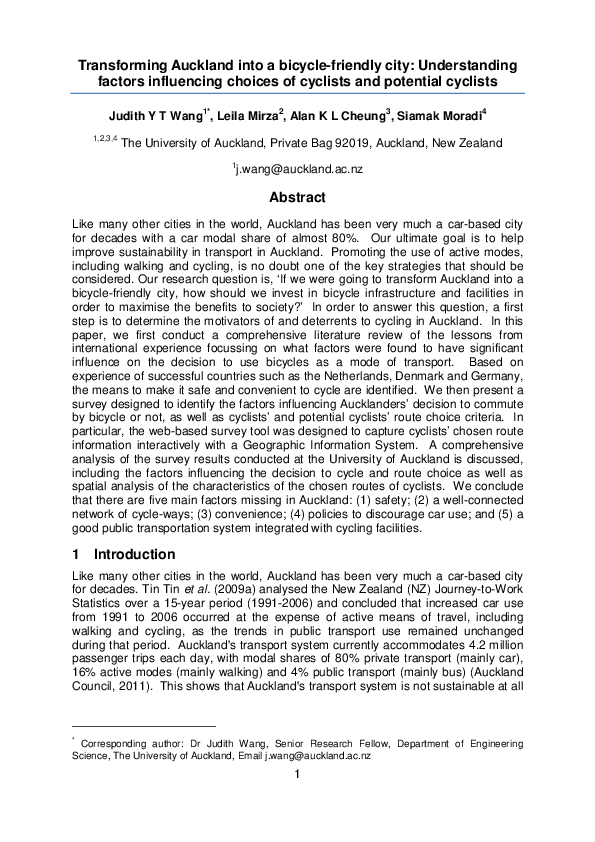 Transforming Auckland into a bicycle-friendly city: Understanding factors influencing choices of cyclists and potential cyclists