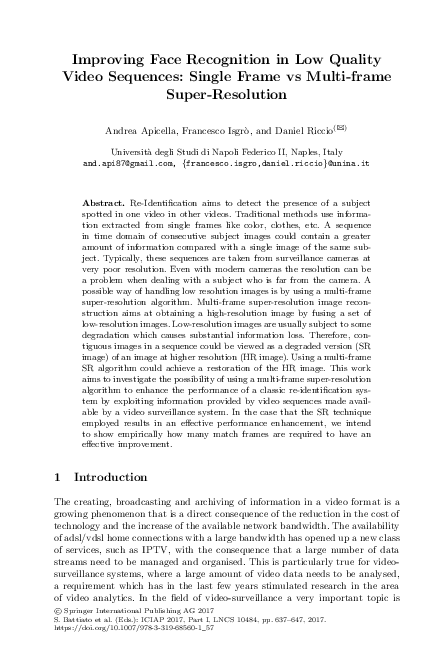 (PDF) Improving Face Recognition in Low Quality Video Sequences: Single ...