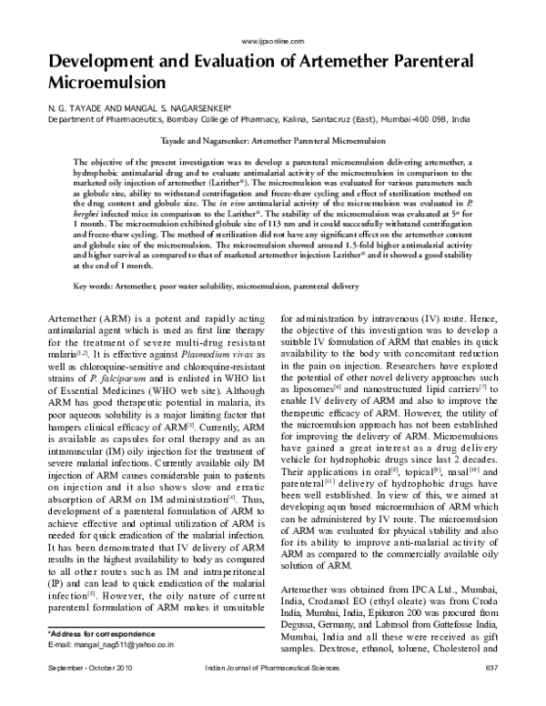 (PDF) Development and evaluation of artemether parenteral microemulsion